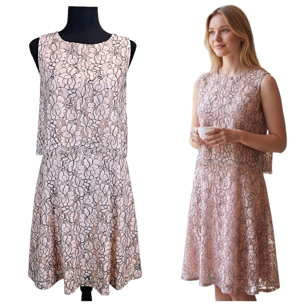 Antonio Melani Blush Lace Overlay Dress 2 Coquette Romantic Wedding Guest Soft